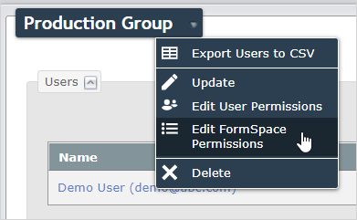 "Edit FormSpace Permissions" on the group drop-down menu